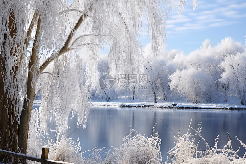 冬季河畔霜挂的树林图片