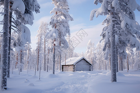 冬季大雪覆盖的林中小屋高清图片