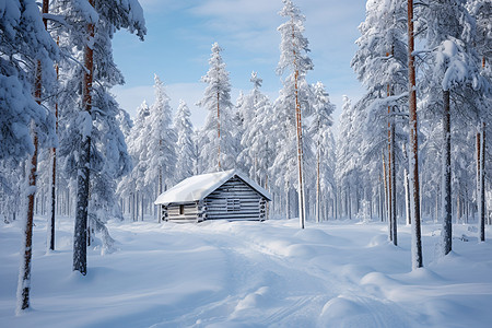 雪景冬季林中的小木屋背景