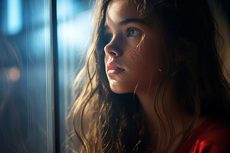 窗边表情凝重的年轻女子图片