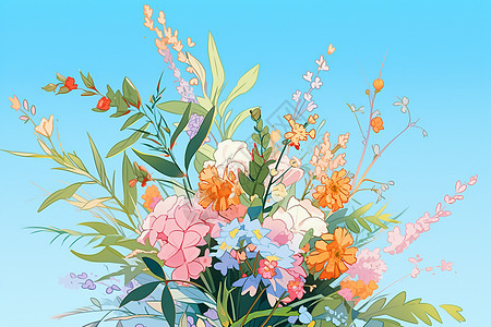 蓝天下充满生机的花束插图图片