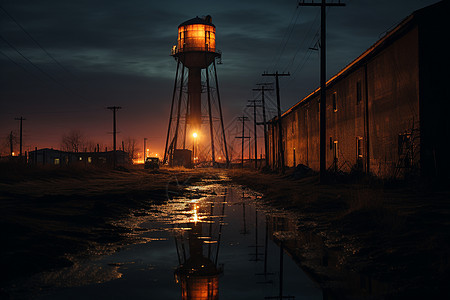 夜晚雨后荒废的工厂图片