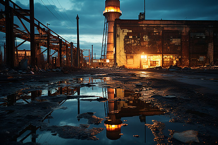 夜幕下工厂潮湿泥泞的地面图片