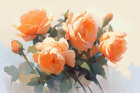 颜色艳丽的橘色玫瑰油画插图图片