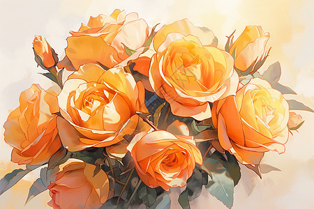 绽放的橘色玫瑰油画插图图片
