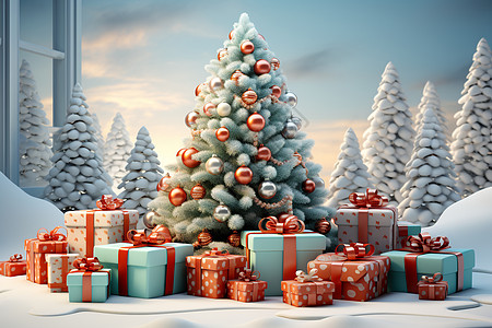 圣诞树与礼物炫彩树与礼物圣诞场景背景