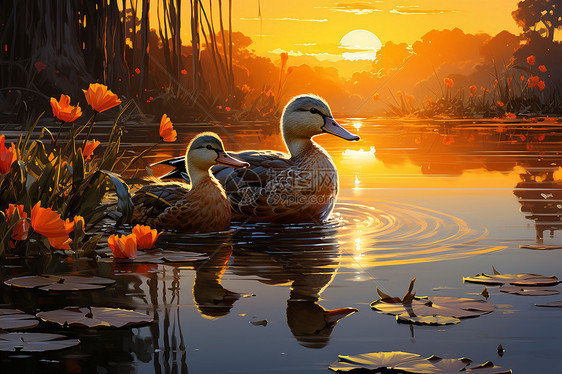 夕阳下的鸭塘图片
