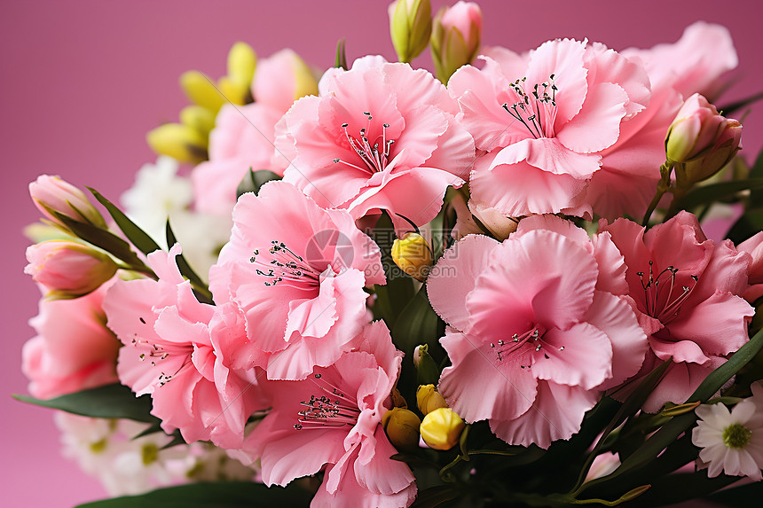 盛开的粉色花朵配绿叶图片