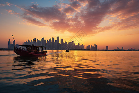 夕阳下海上的船只图片