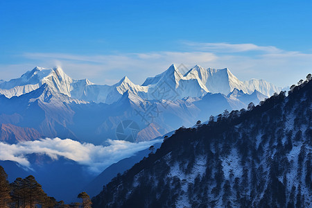 蓝天白云下的雪山图片