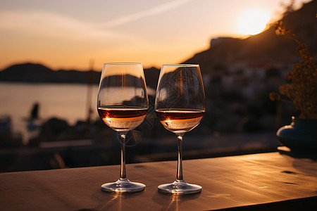 落日下的浪漫酒杯图片