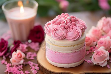 粉色蛋糕与烛光花束图片