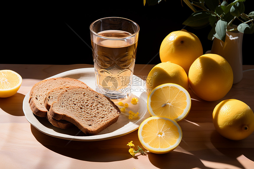 柠檬水和面包图片