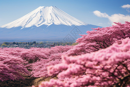 蓝天下的富士山和樱花图片