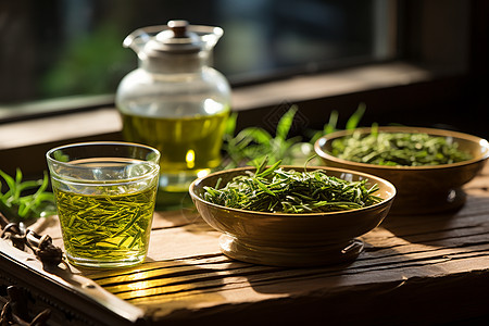 茶台上的绿茶高清图片