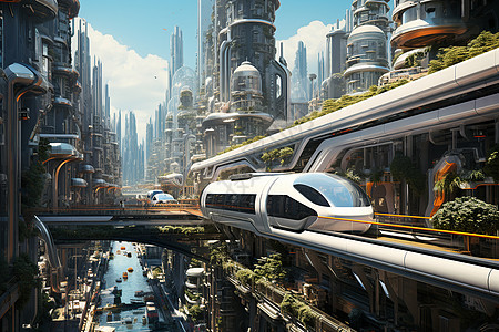 未来都市中穿行的列车图片