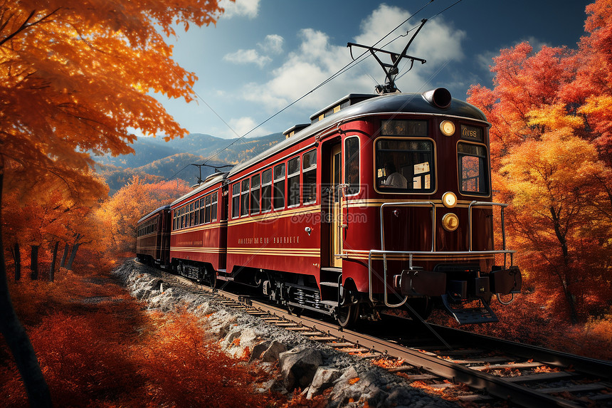 红色列车穿越秋色森林图片