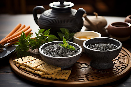 伴有茶壶饼干的芝麻糊图片