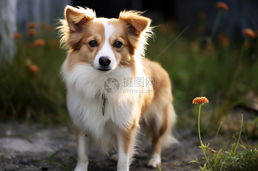 花丛中的小狗图片