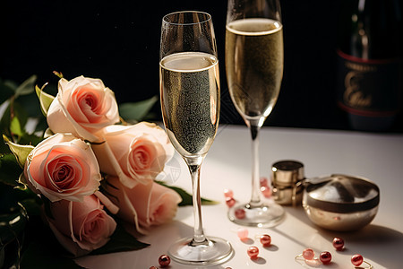 桌上的香槟和花束图片