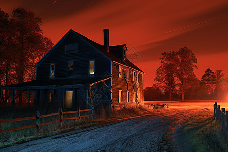 红光下的房子图片