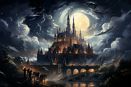 夜景广场满月下的城堡插画