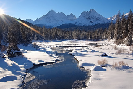 雪山下的一条河流图片