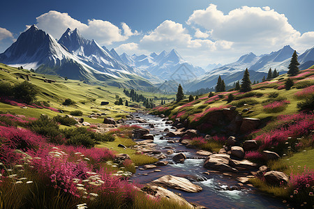 山涧溪流中的粉色花朵图片