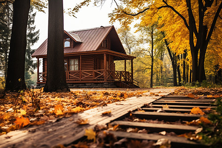 秋日林中小屋图片