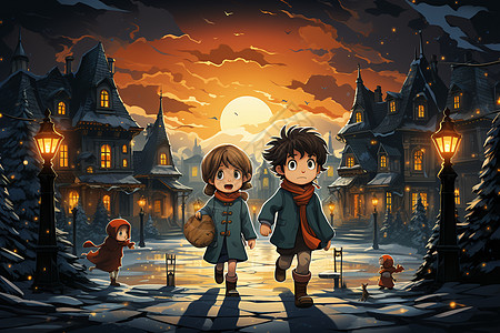夜里的城堡与月光中的两个孩子图片