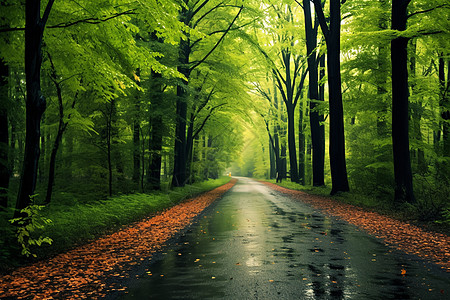 森林雨潮湿森林中的道路背景