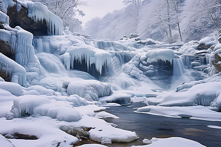 森林中的冰雪瀑布图片