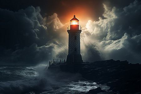 暴风雨背景深海暗夜中的灯塔插画