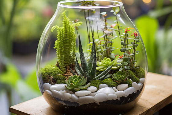 清新小绿植在玻璃花瓶中图片