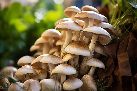 野生蘑菇群在树桩上生长图片