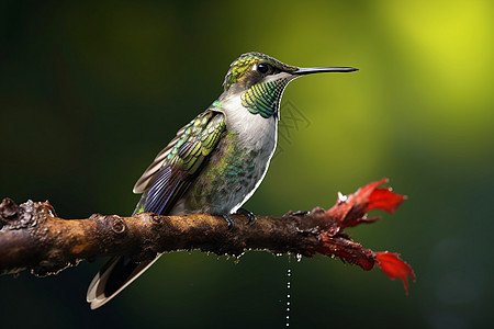 绿树枝绿树上的红胸蓝喉蜂鸟背景