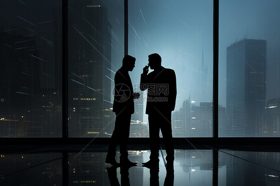 两名男士站在黑暗室内用手机交谈图片