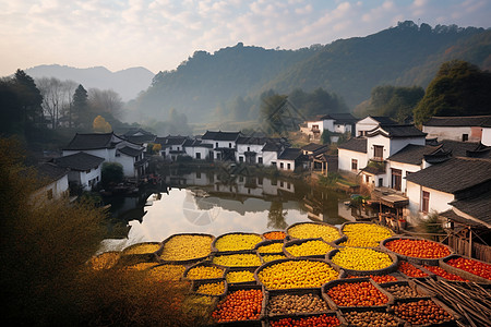 秋天秋日村镇美景背景