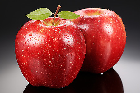 两个红苹果上有绿叶片图片
