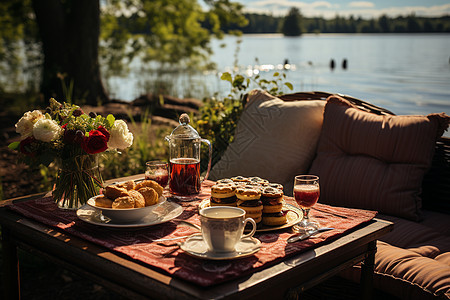 湖畔的宁静野餐背景图片