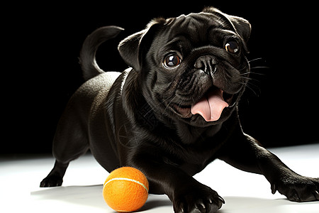 黑色狗狗和网球在玩耍图片