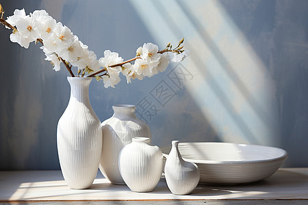 客厅里的白色花瓶和陶瓷餐具图片