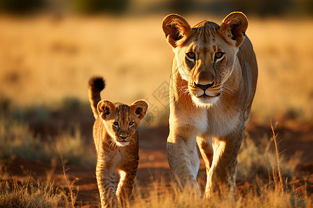 草原漫步的狮子母子图片