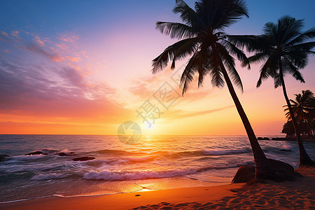 美丽夕阳下的热带海滩图片