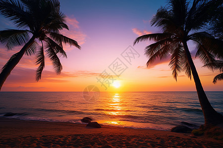 夕阳下的海滩椰树图片