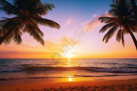 日落海滩中的棕榈树图片