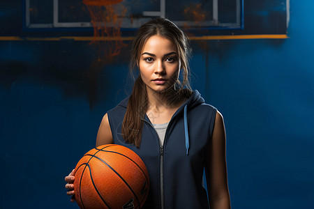 运动女孩持篮球站在篮球架前图片