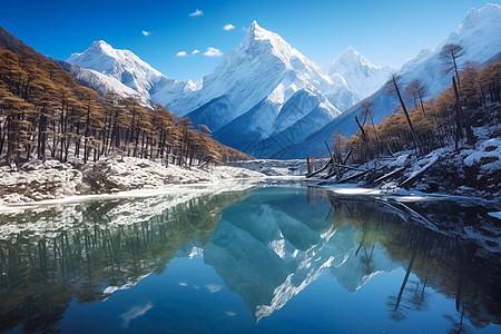 雪山映入湖泊图片