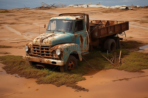 废弃的蓝色古董卡车图片