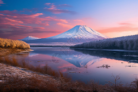 雪山前的湖畔图片